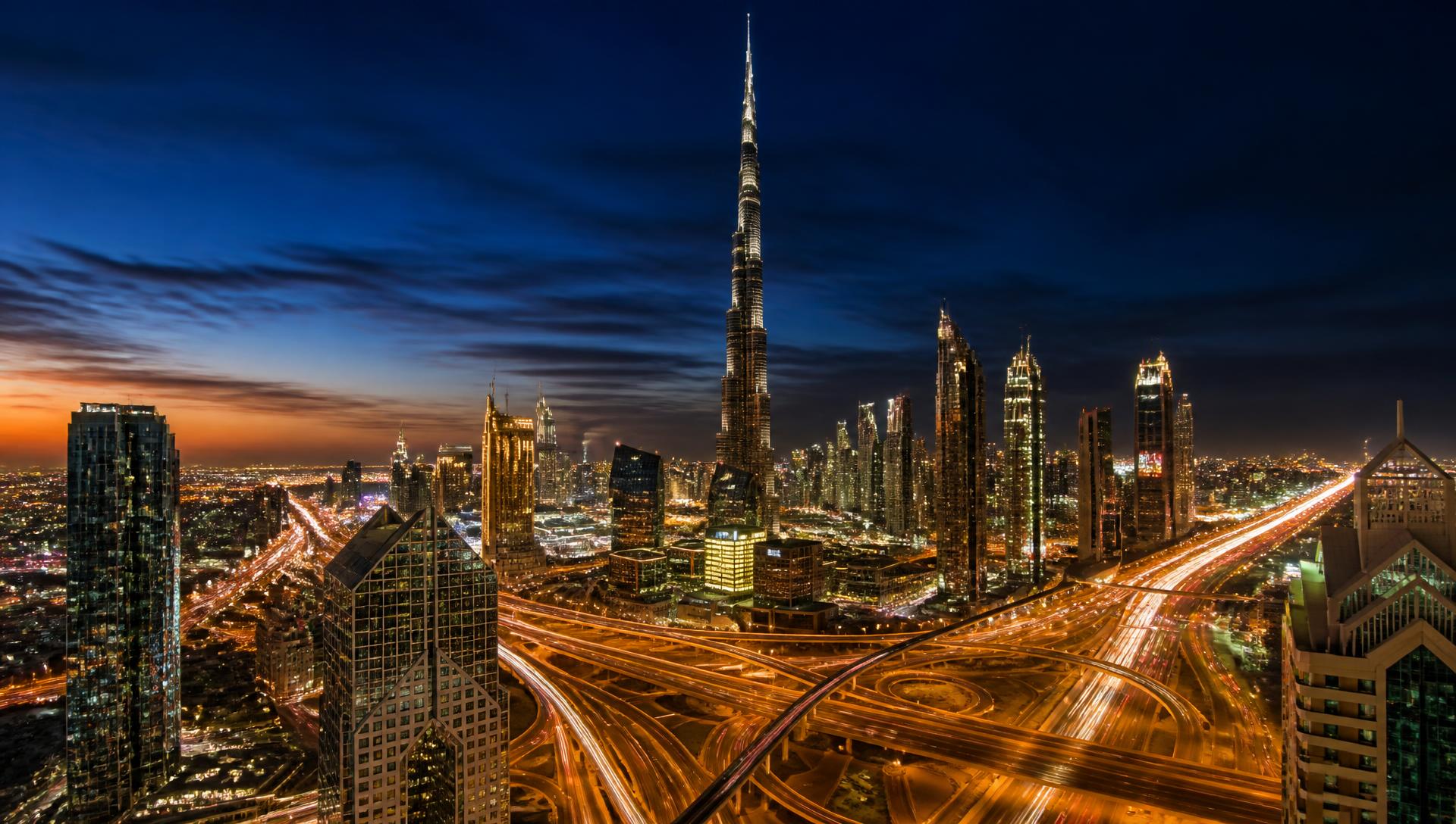 Dubai skyline lit up after dark