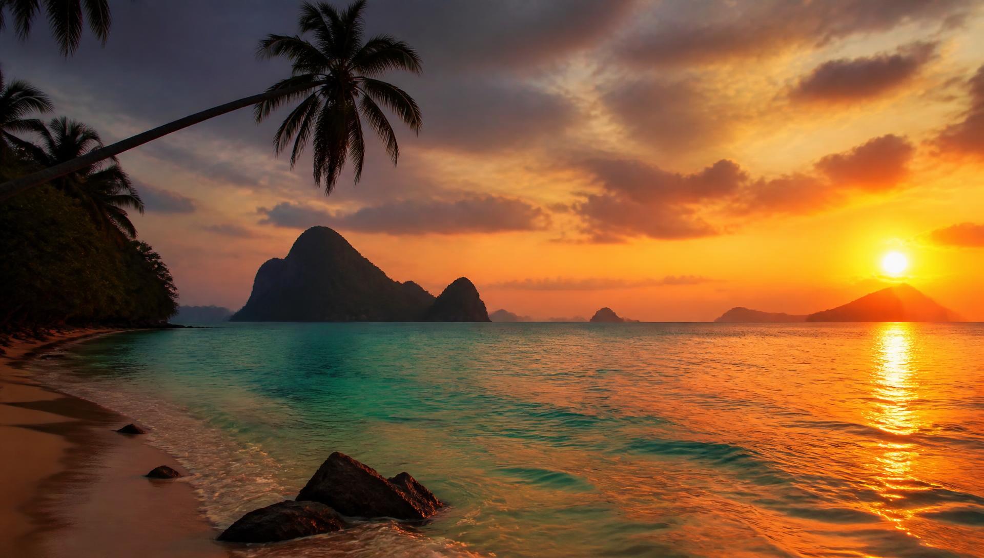 Palm-lined tropical beach at sunset